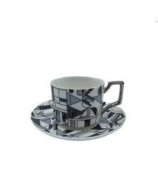 Black And Gray Porcelain Tea Cup And Saucer Set,Coffee Cup With Silver Rim
