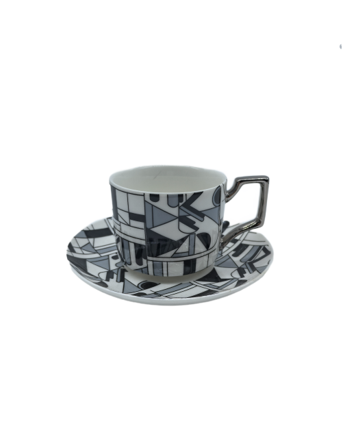 Black And Gray Porcelain Tea Cup And Saucer Set,Coffee Cup With Silver Rim