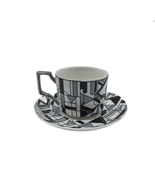 Black And Gray Porcelain Tea Cup And Saucer Set,Coffee Cup With Silver Rim