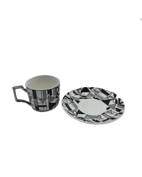 Black And Gray Porcelain Tea Cup And Saucer Set,Coffee Cup With Silver Rim