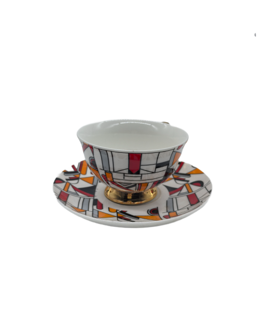Orange and Red Porcelain Tea Cup And Saucer Set, Coffee Cup With Gold Rim