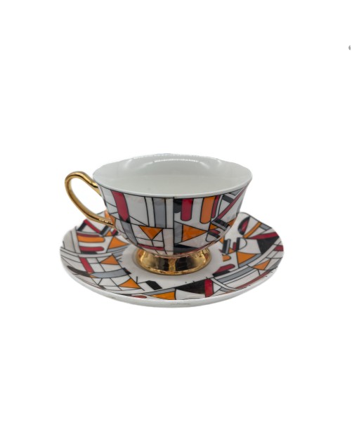 Orange and Red Porcelain Tea Cup And Saucer Set, Coffee Cup With Gold Rim