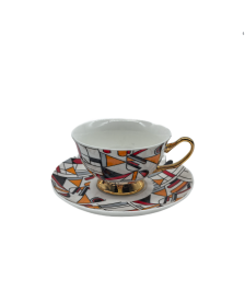 Orange and Red Porcelain Tea Cup And Saucer Set, Coffee Cup With Gold Rim