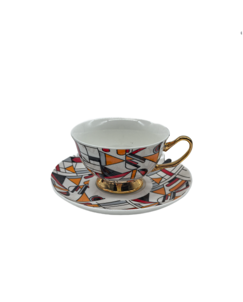 Orange and Red Porcelain Tea Cup And Saucer Set, Coffee Cup With Gold Rim