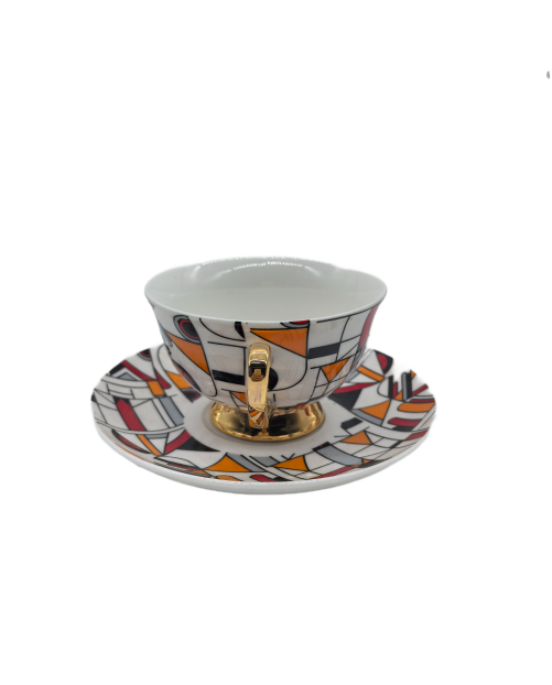 Orange and Red Porcelain Tea Cup And Saucer Set, Coffee Cup With Gold Rim
