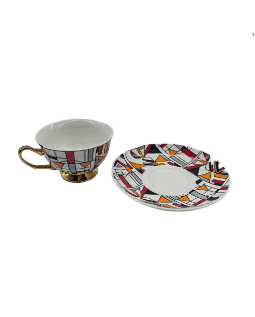 Orange and Red Porcelain Tea Cup And Saucer Set, Coffee Cup With Gold Rim