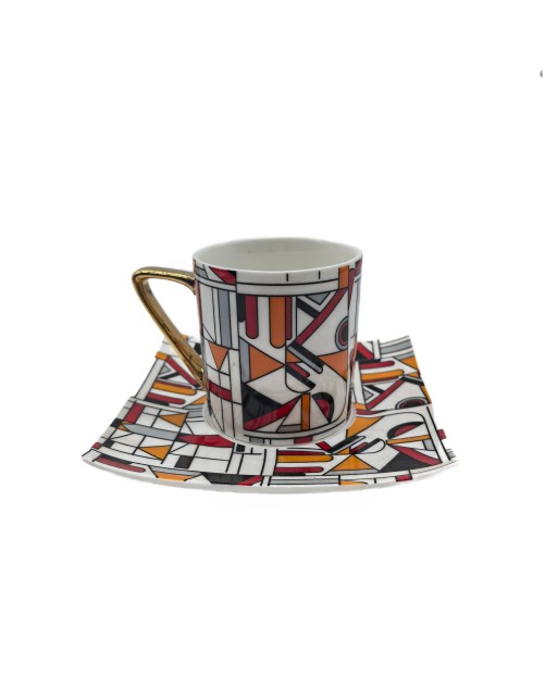 Orange And Red Porcelain Tea Cup And Saucer Set,Coffee Cup With Gold Rim