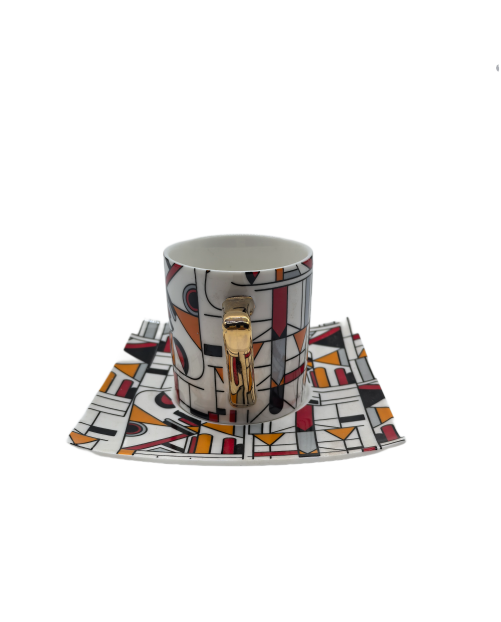 Orange And Red Porcelain Tea Cup And Saucer Set,Coffee Cup With Gold Rim