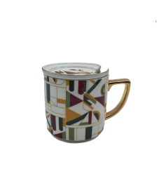 Geometric Pattern Porcelain Tea Cup With Lid,Coffee Cup With Gold Rim