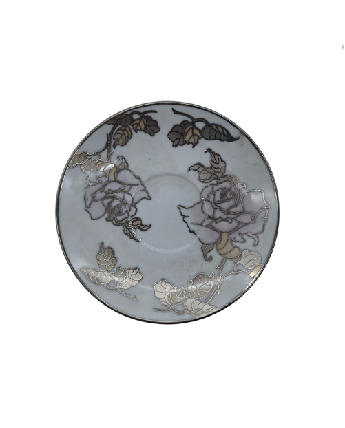 Garden Rose Porcelain Saucer With Silver Rim,Plate For TeaCups