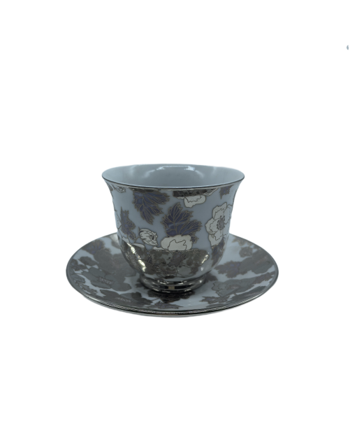 Silver Flower Porcelain Tea Cup And Saucer Set,Coffee Cup With Silver Rim
