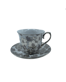 Silver Flower Porcelain Tea Cup And Saucer Set,Coffee Cup With Silver Rim