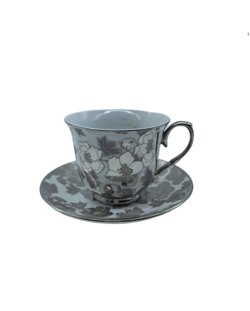 Silver Flower Porcelain Tea Cup And Saucer Set,Coffee Cup With Silver Rim