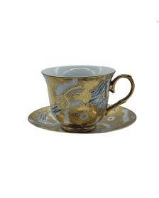 Gold Flower And Blue Line Porcelain Tea Cup And Saucer Set,Coffee Cup With Gold Rim