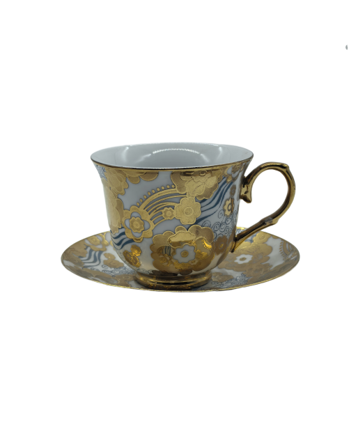 Gold Flower And Blue Line Porcelain Tea Cup And Saucer Set,Coffee Cup With Gold Rim