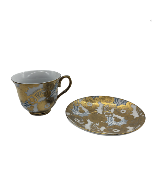 Gold Flower And Blue Line Porcelain Tea Cup And Saucer Set,Coffee Cup With Gold Rim