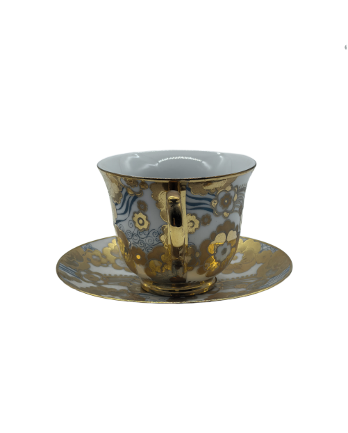 Gold Flower And Blue Line Porcelain Tea Cup And Saucer Set,Coffee Cup With Gold Rim