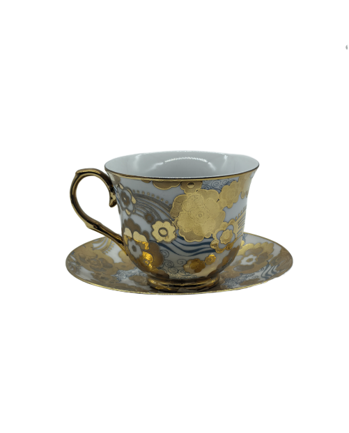 Gold Flower And Blue Line Porcelain Tea Cup And Saucer Set,Coffee Cup With Gold Rim
