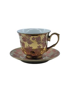 Gold Porcelain Tea Cup And Saucer Set With Red Leaves Pattern,Coffee Cup With Gold Rim