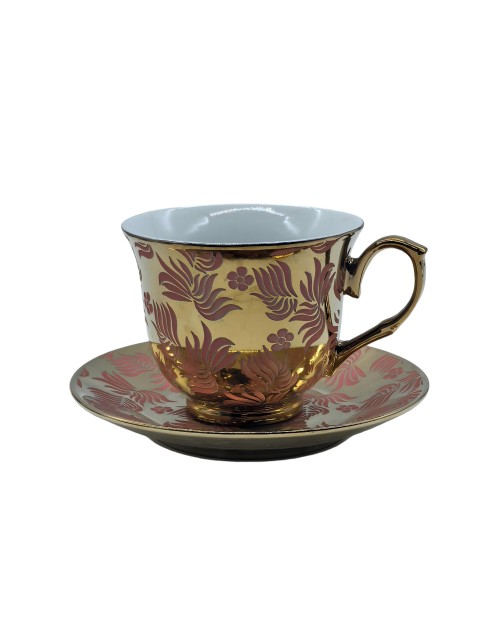 Gold Porcelain Tea Cup And Saucer Set With Red Leaves Pattern,Coffee Cup With Gold Rim