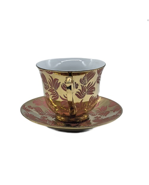 Gold Porcelain Tea Cup And Saucer Set With Red Leaves Pattern,Coffee Cup With Gold Rim