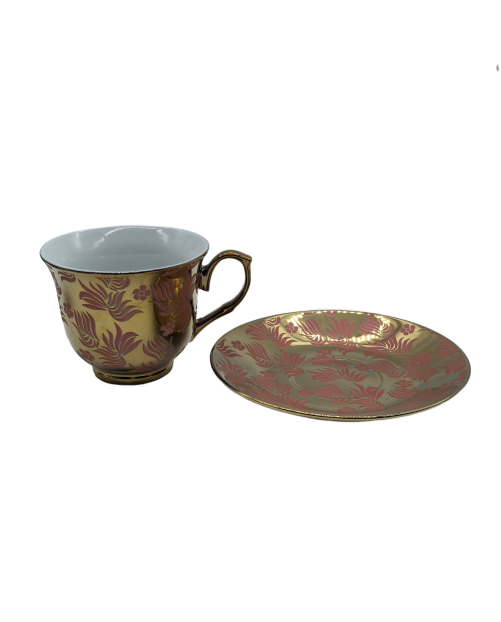 Gold Porcelain Tea Cup And Saucer Set With Red Leaves Pattern,Coffee Cup With Gold Rim